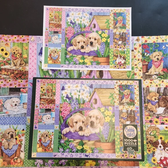 COBBLE HILL 1000-PIECE JIGSAW PUZZLE PUPPIES AND POSIES QUILT W/POSTER COMPLETE - Picture 3 of 4